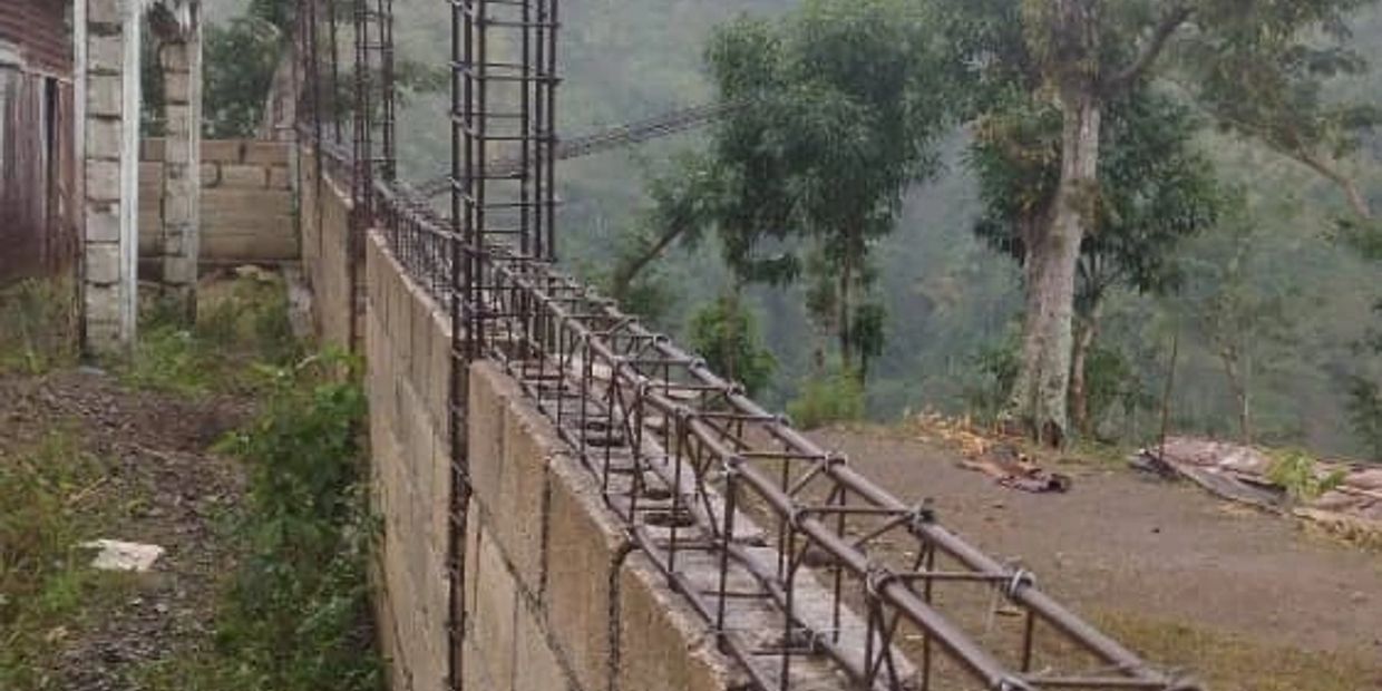 Unfinished concrete wall with metal rebar framework in a natural setting.