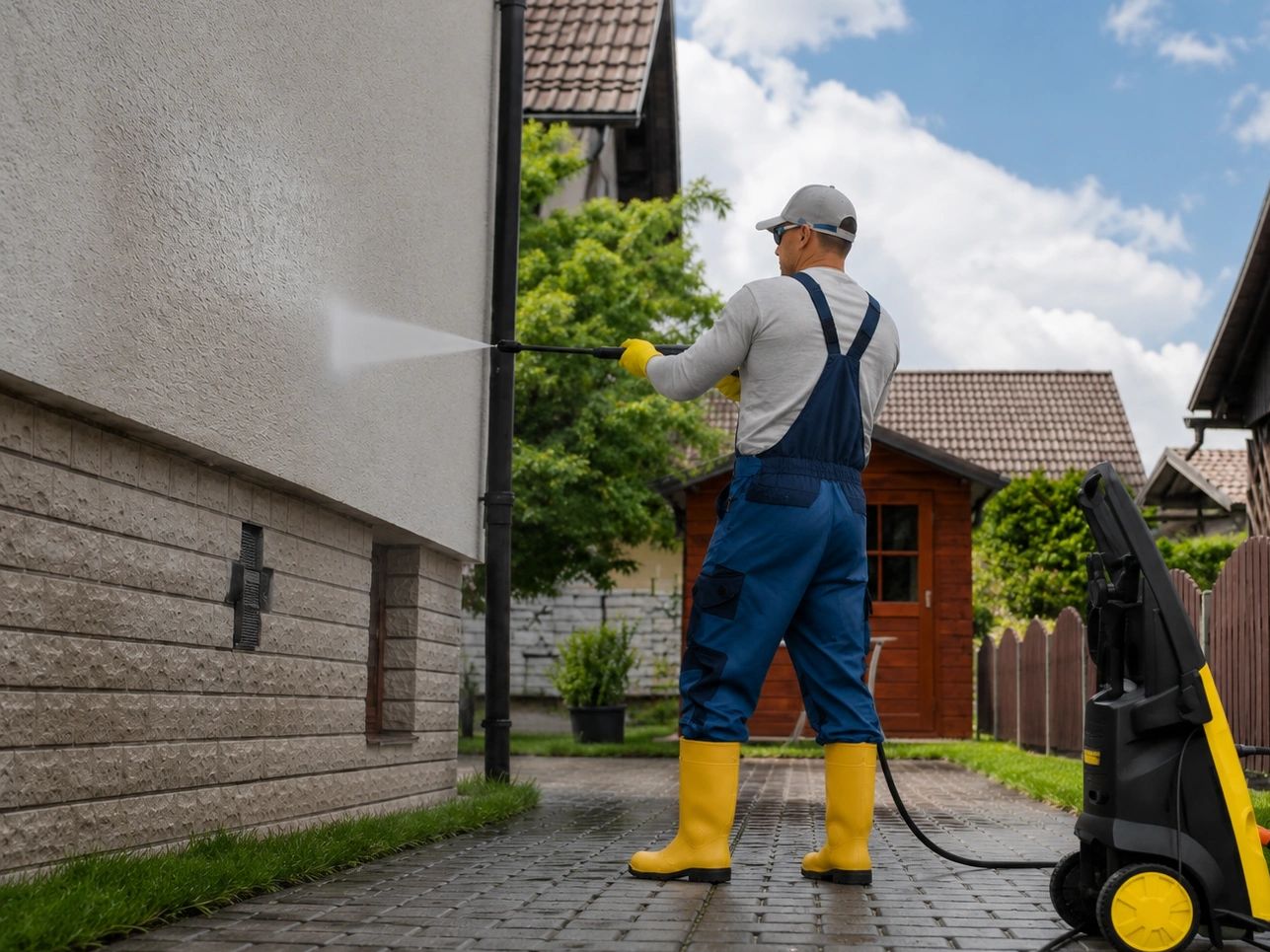 Man power washing a house exterior.