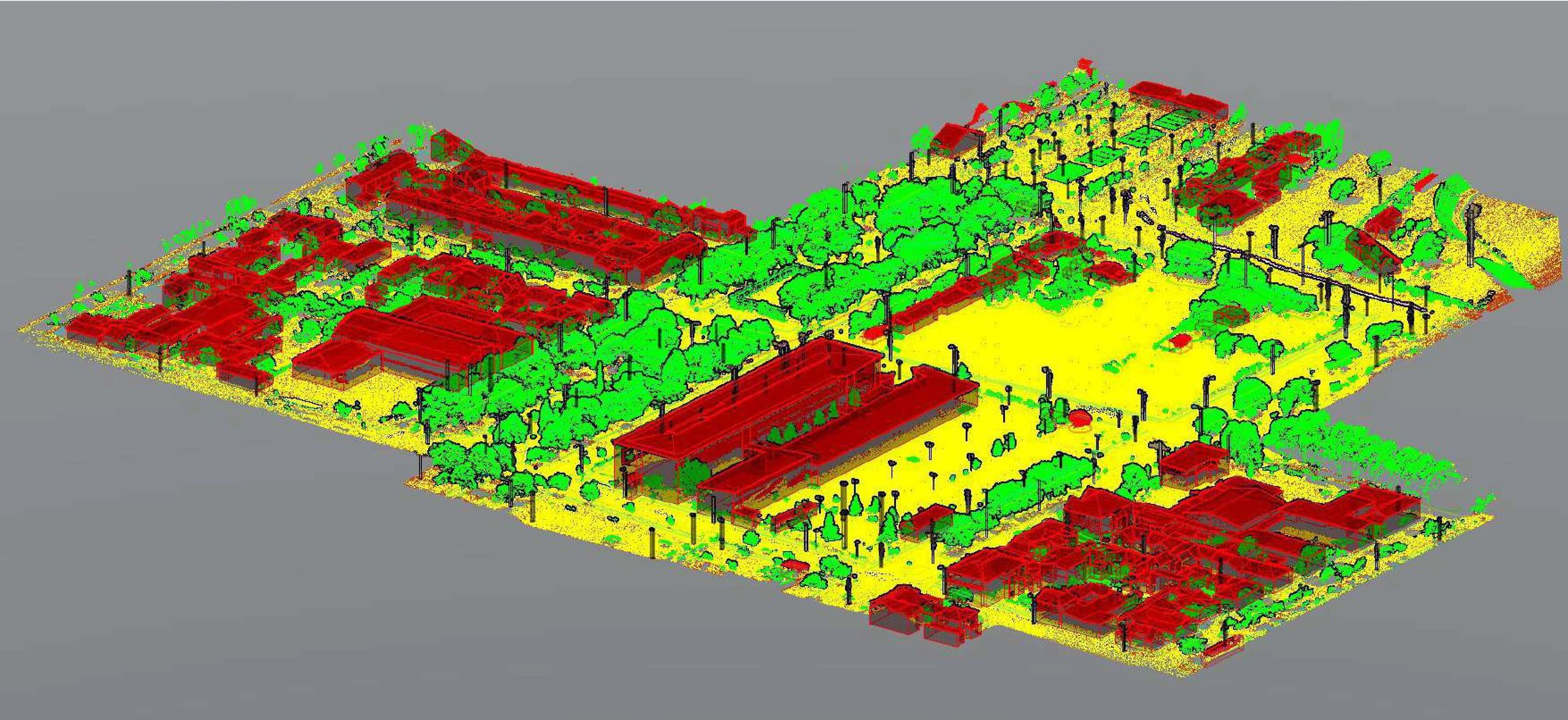 3D color-coded map of an urban area with buildings, trees, and open spaces.