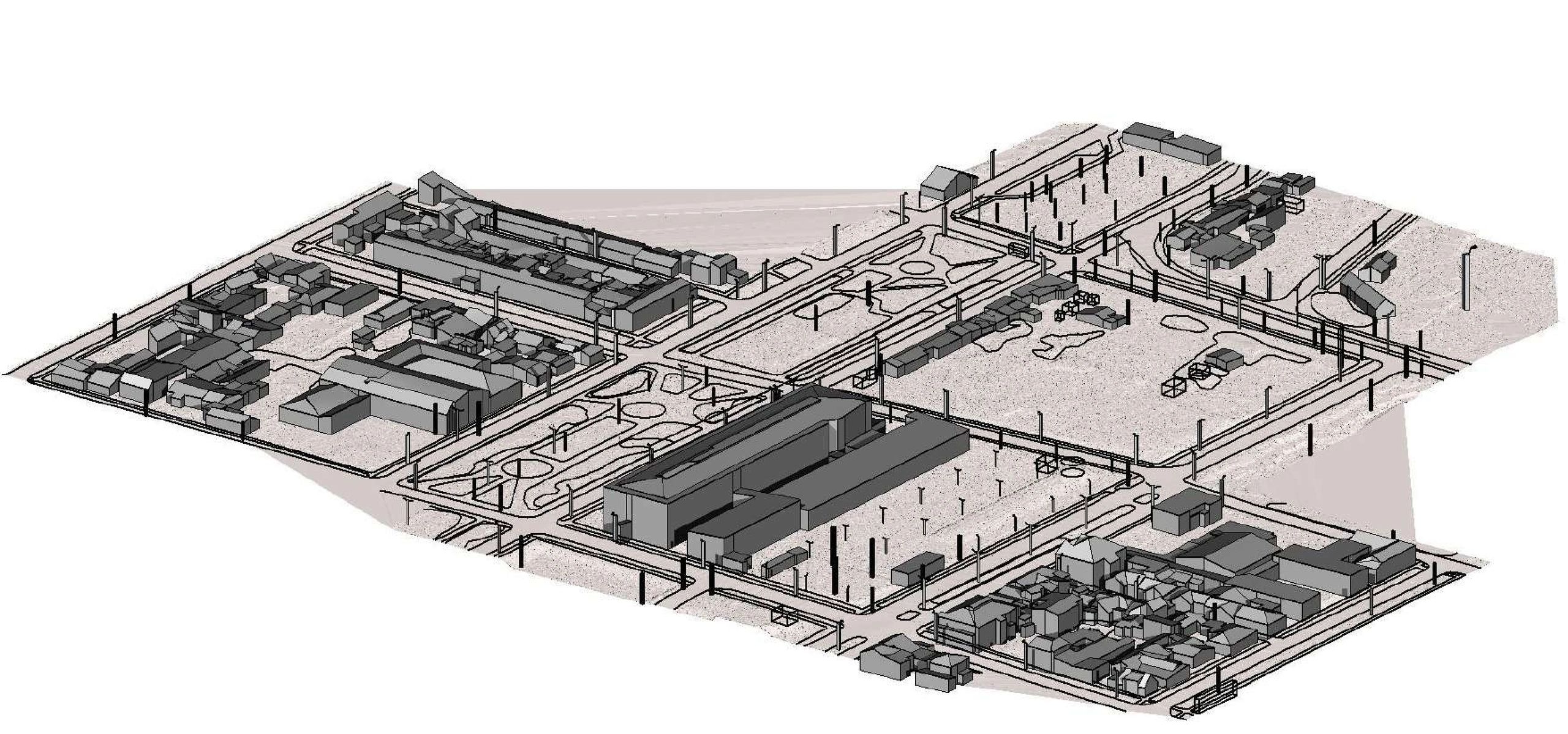3D architectural layout of an urban area with buildings and roads.