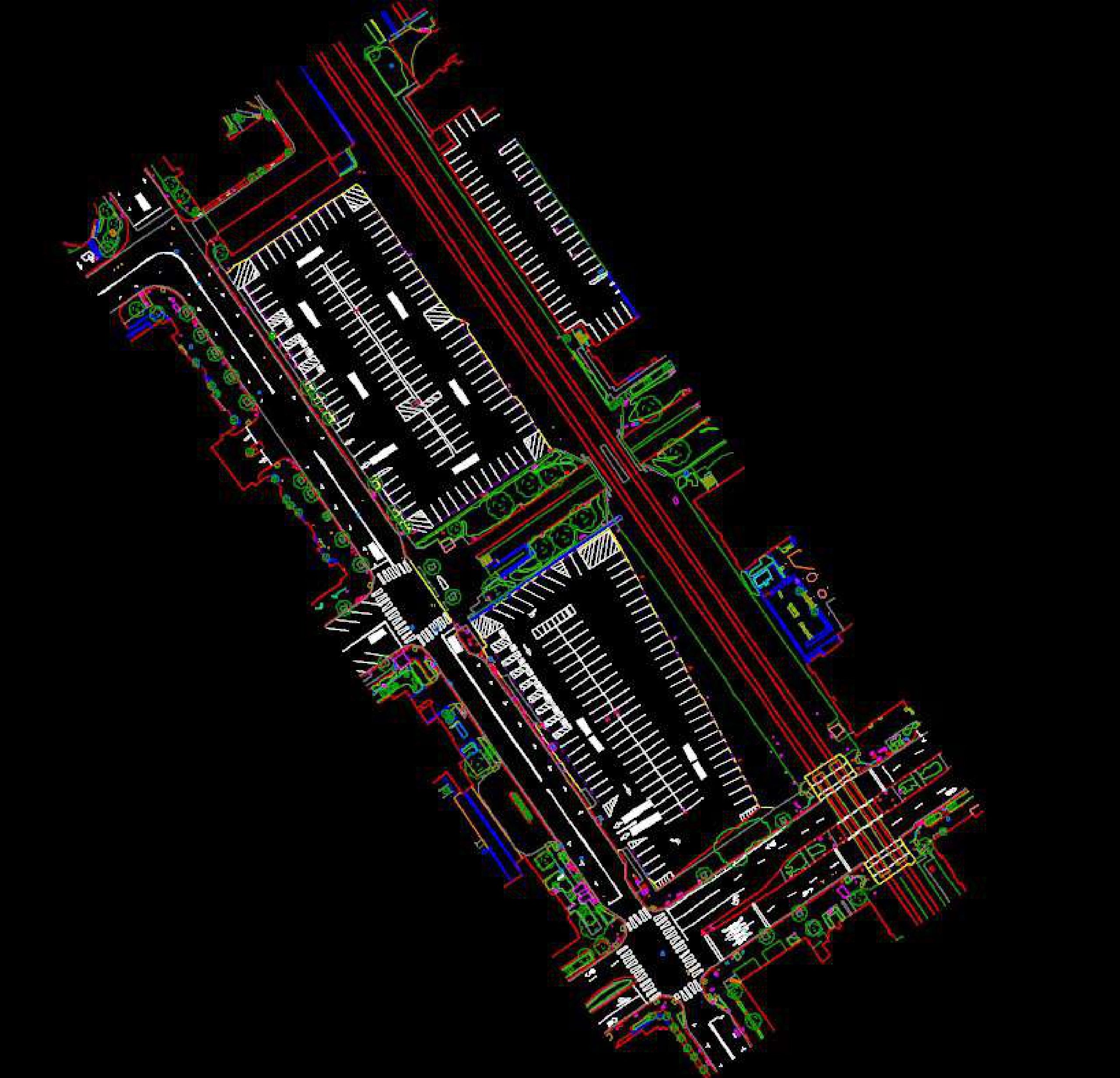 Color-coded architectural site plan with parking lots and roads.