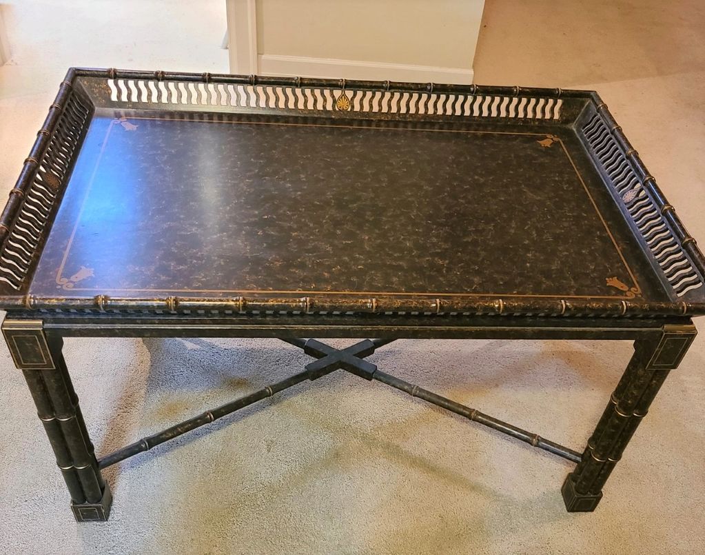 Tea table, coordinates with upholstered chairs.  38.5" l x 24.5" w x 21" h