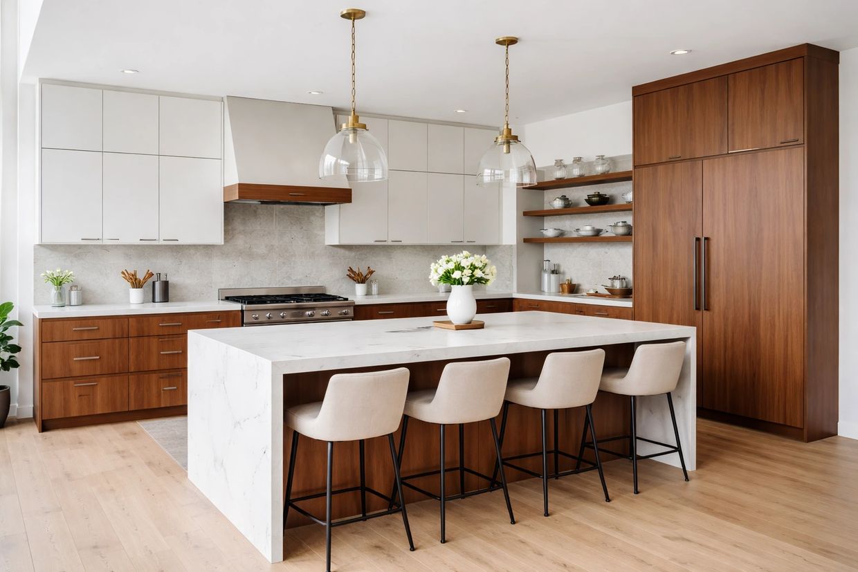 Large waterfall island with quartz countertops and two tone kitchen cabinets