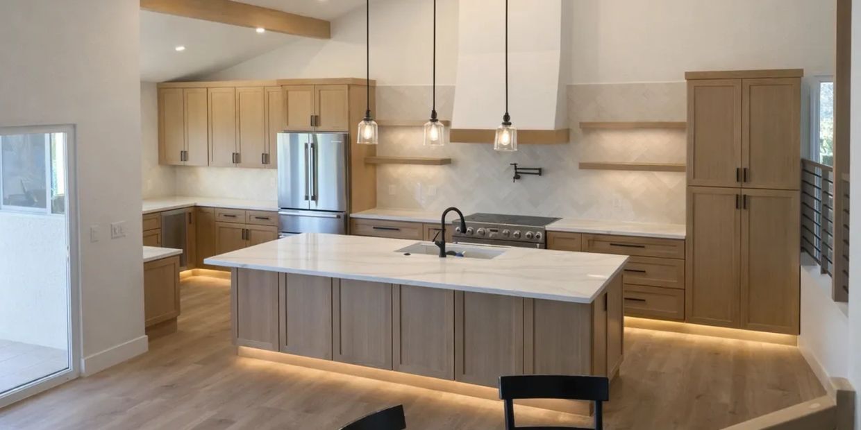 Modern luxury kitchen remodel with quartz countertops and custom cabinetry in Temecula California