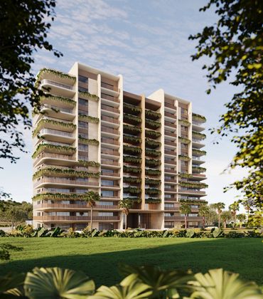 Solea high-rise luxury condominium tower with tropical greenery in Macao Beach, Punta Cana