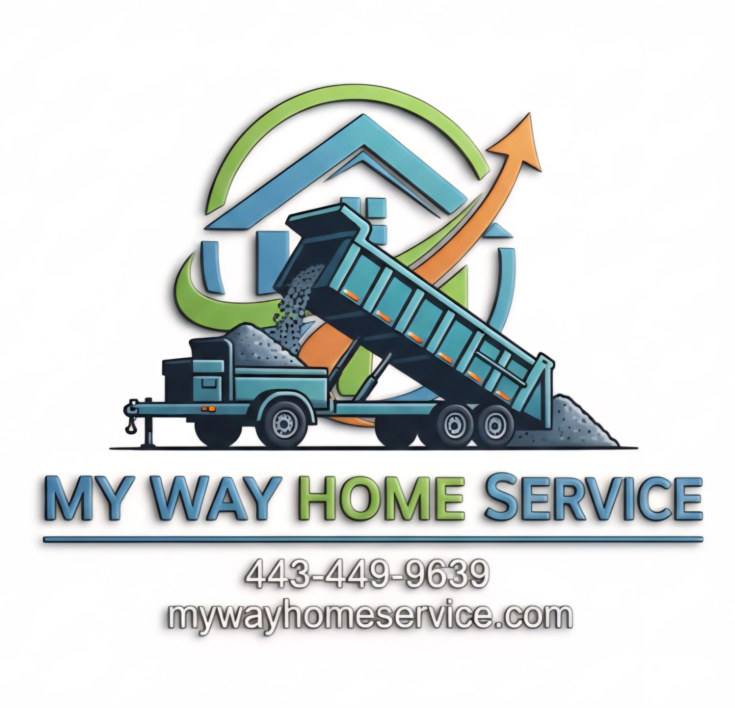 Logo for My Way Home Service with a dump truck and house graphic.