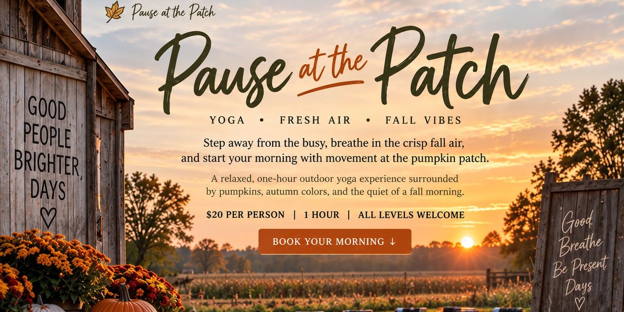 Fall outdoor yoga event at a pumpkin patch with sunrise view.