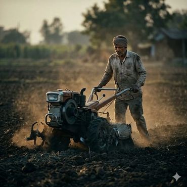 A farmer plowing a dusty field with a hand tractor at sunset.