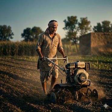 A farmer using a tiller to cultivate soil in a field during sunset.