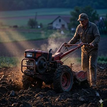 Farmer operating a tiller in a field during sunset.