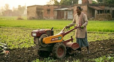 A farmer operating a tiller in a field during sunrise.