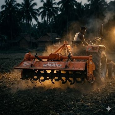 A farmer operates a tractor with a rotavator at dusk, stirring up dust.