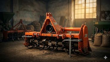 An orange rotary tiller in a dimly lit workshop.