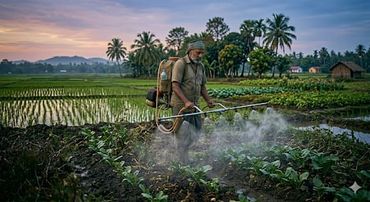 A farmer spraying pesticides in a lush green field at sunset.