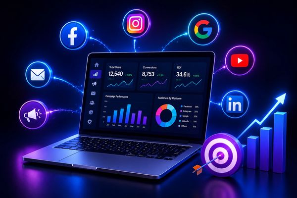 Laptop displaying marketing analytics with social media icons around it.