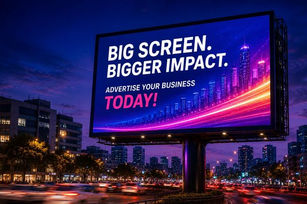 Billboard advertising business with bold, colorful text of impact.