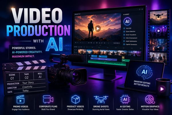 AI-powered video production setup with editing tools and multimedia icons.