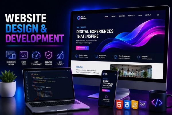 Website design and development with multiple devices and coding icons.