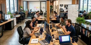 People collaborating and working on laptops in a modern office space.