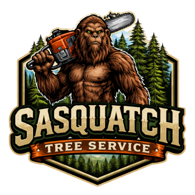 Sasquatch holding a chainsaw for a tree service logo.
