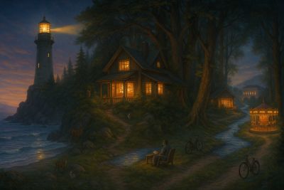 Twilight sanctuary — lighthouse, warm cottage, forest, ocean, and a peaceful reader by candlelight.