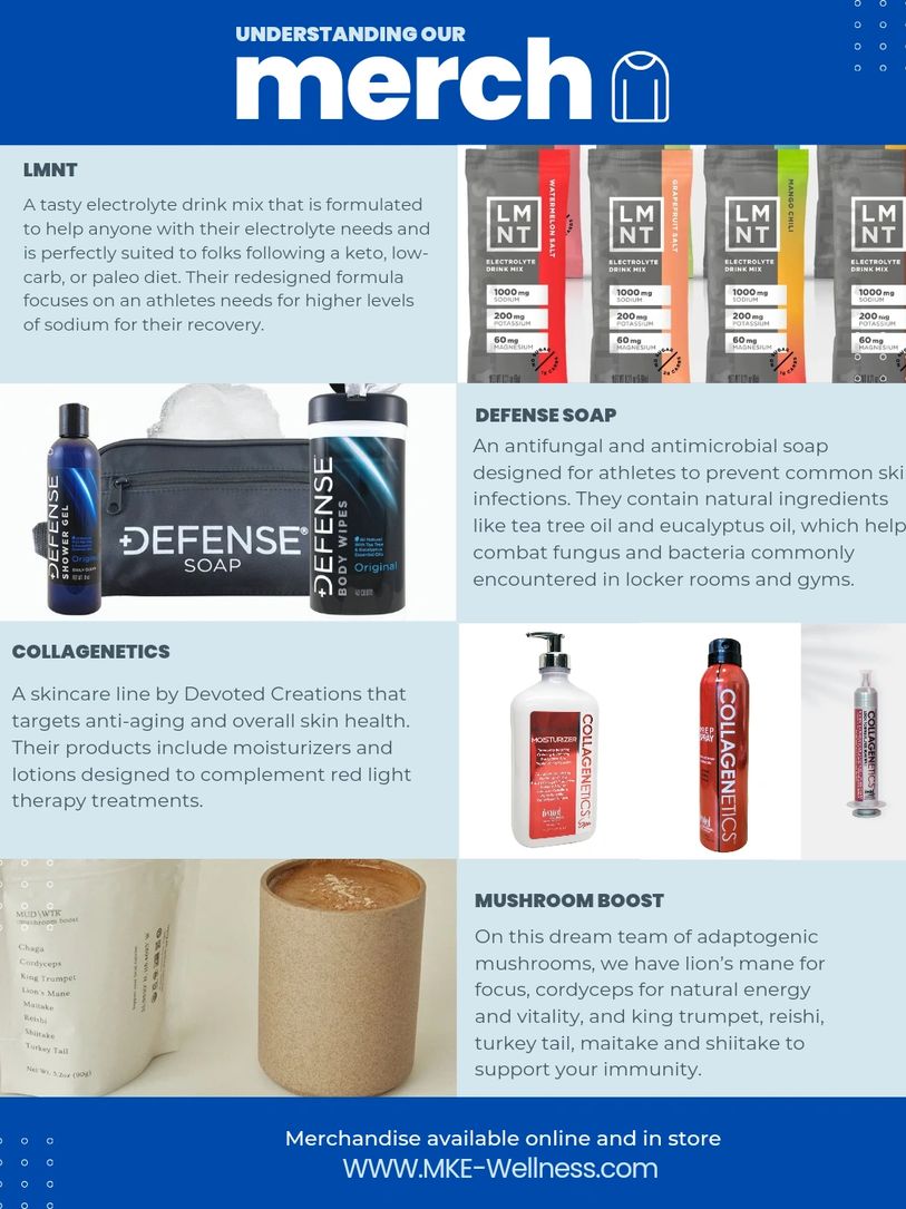 Merchandise available in store include LMNT, Mudwtr, Collagenetics, and defense soap.