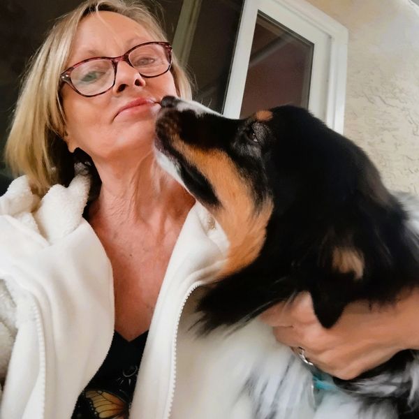 A woman wearing glasses receives a loving lick from her black and tan dog.