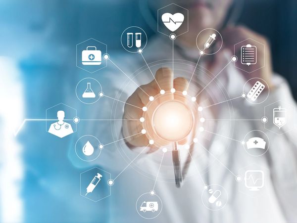 Medicine doctor and stethoscope in hand touching icon medical network connection