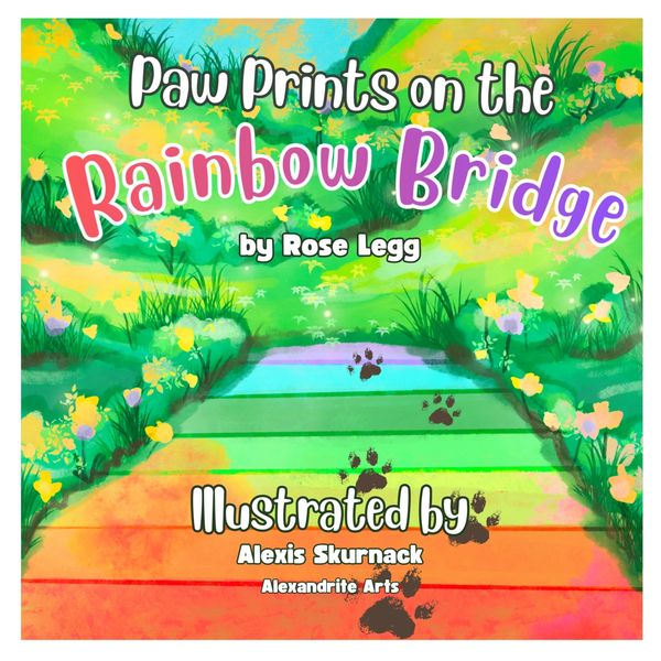 Colorful book cover with paw prints on a rainbow pathway.