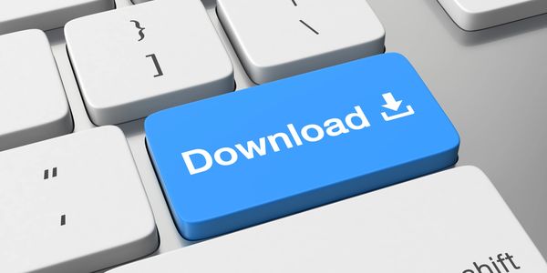 A black & white vector image of a keyboard where the 'return' key is blue and  shown as 'Download'