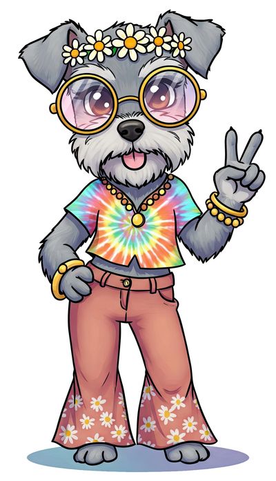 Cartoon dog in hippie attire making a peace sign.