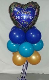 Celebration pole, centerpiece, garland, heart. Mother's Day, party, ribbon flow, blue gold peacock