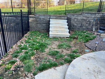 Backyard with patchy grass, stone steps, and a black metal fence.