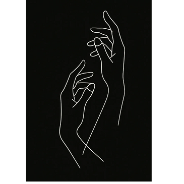 Minimalist white line drawing of two hands on black background.
