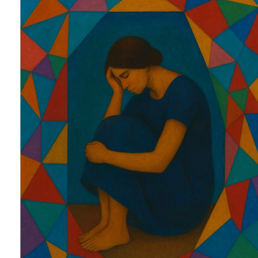 A woman in blue sits pensively, surrounded by colorful geometric shapes.