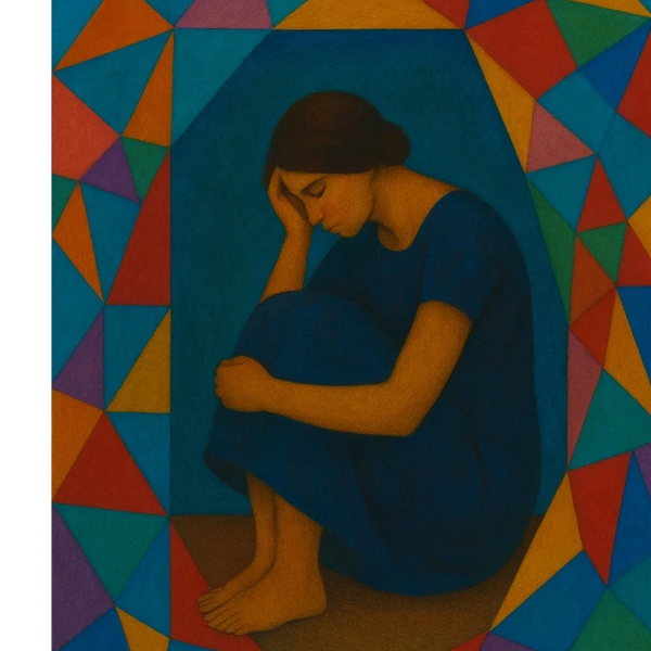 A woman in blue sits pensively, surrounded by colorful geometric shapes.
