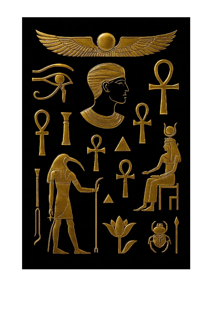 A constellation of golden Egyptian glyphs, radiant against obsidian.