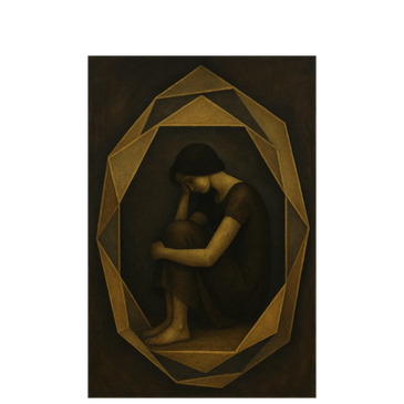 A contemplative woman curled up inside a geometric frame.