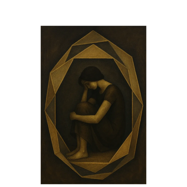 A contemplative woman curled up inside a geometric frame.