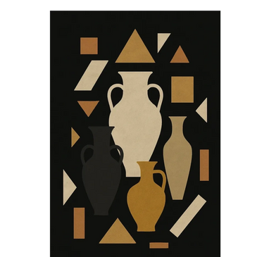 Abstract art of four vases surrounded by geometric shapes in earthy tones.