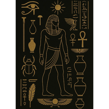 Golden Egyptian hieroglyphs and a pharaoh figure on a black background.