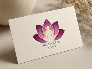 Elegant business card featuring a yoga silhouette inside a lotus flower logo.
