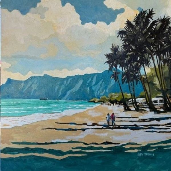 Painting of a beach with a clump of palm trees and mountains to the right of two people in the sand.
