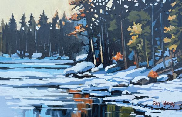 Painting of a lake and lakeside covered in snow with a forest all along the shoreline.