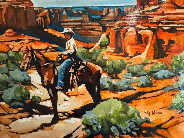 Painting of a cowboy on a horse in front of the Grand Canyon.