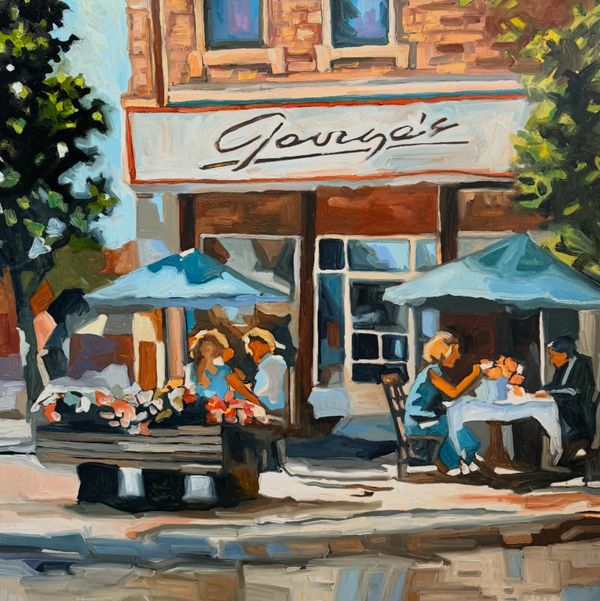 Painting of the restaurant "George's on Main" with two tables and blue umbrellas with people eating.