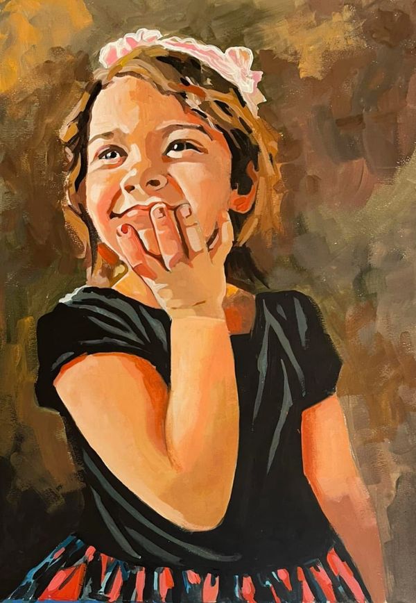 Painting of a young girl with a pink headband and a black dress with her hand on her smiling face.
