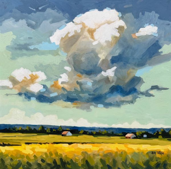 Painting of a meadow with a few homes and lots of trees in the distance and big clouds in the sky.