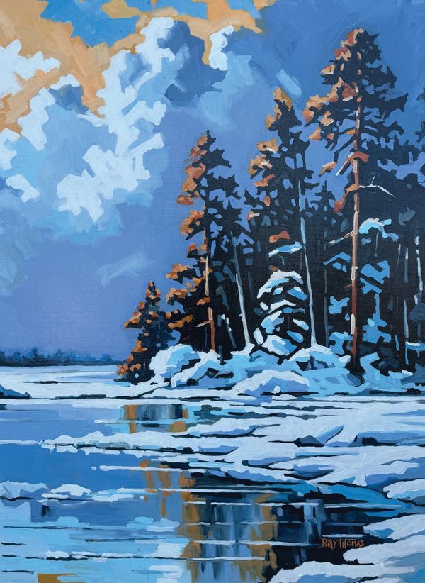 Painting of the side of a snow-wrapped lake with a forest and lots of clouds behind it.