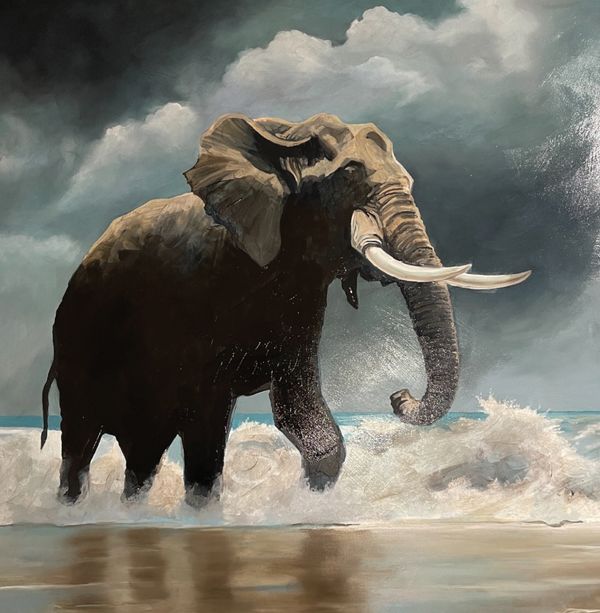 Painting of an elephant splashing around in the water of an ocean with dark grey clouds behind him.